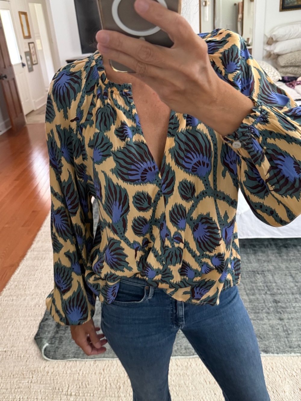 Omika NWT Lani Blouse Elyse Lapis Yellow Floral-Print Long Sleeve Blouse